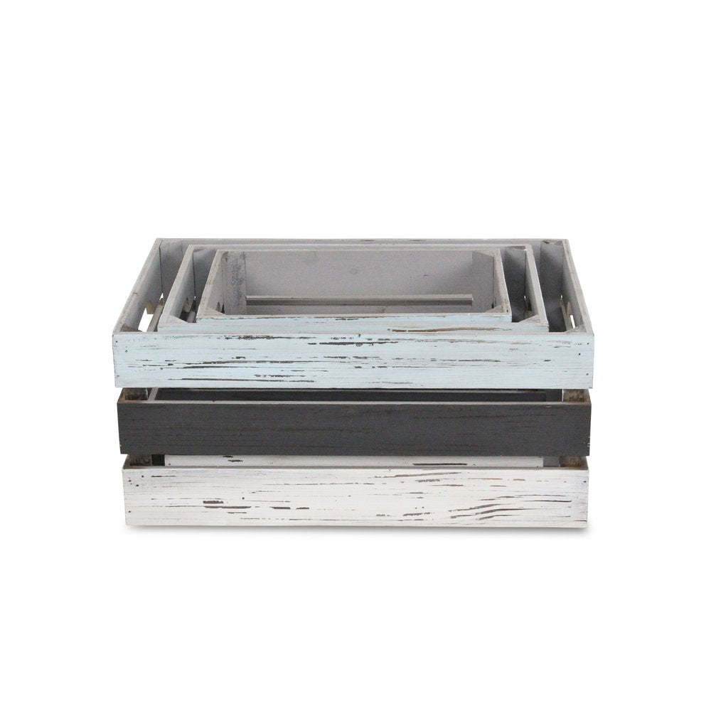 Set of Three Black Light Blue And Off White Nesting Solid Wood Crate HomeRoots