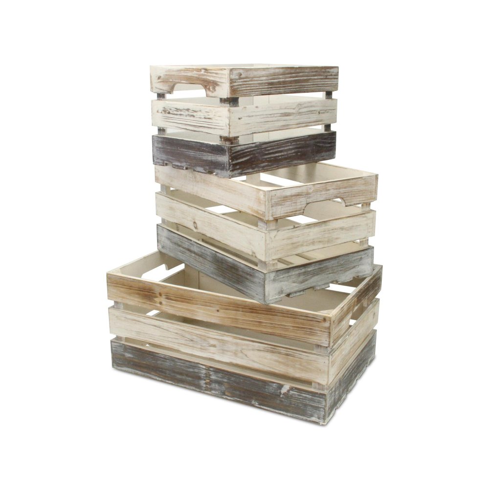 Set of Three Black Off White And Walnut Nesting Solid Wood Crate HomeRoots