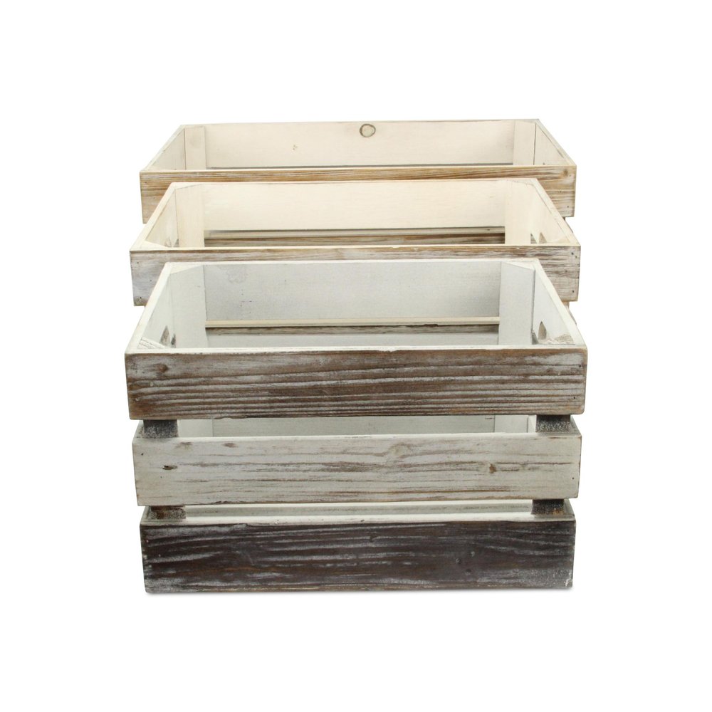 Set of Three Black Off White And Walnut Nesting Solid Wood Crate HomeRoots