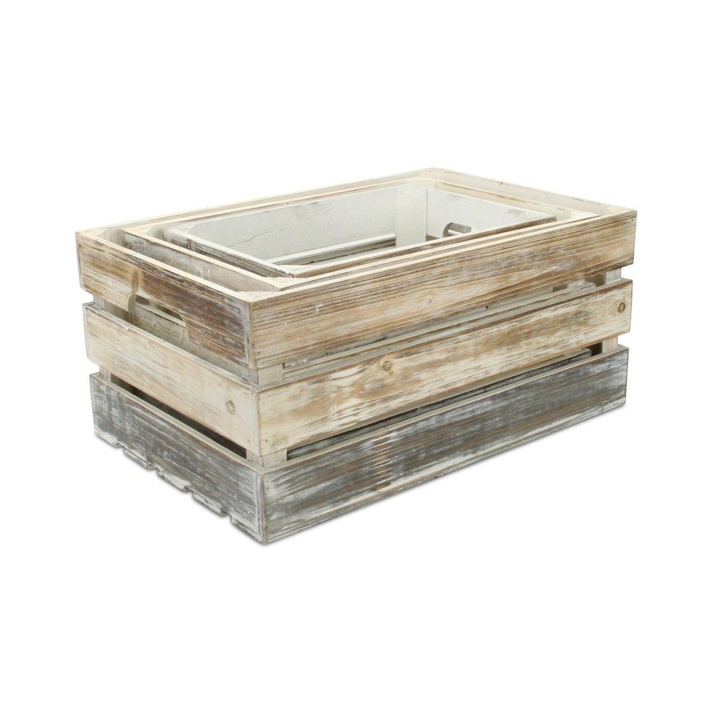 Set of Three Black Off White And Walnut Nesting Solid Wood Crate HomeRoots