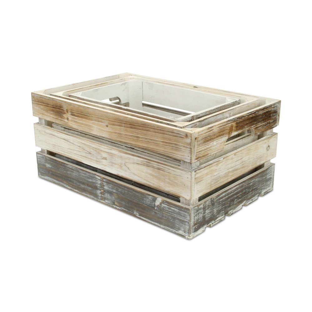 Set of Three Black Off White And Walnut Nesting Solid Wood Crate HomeRoots