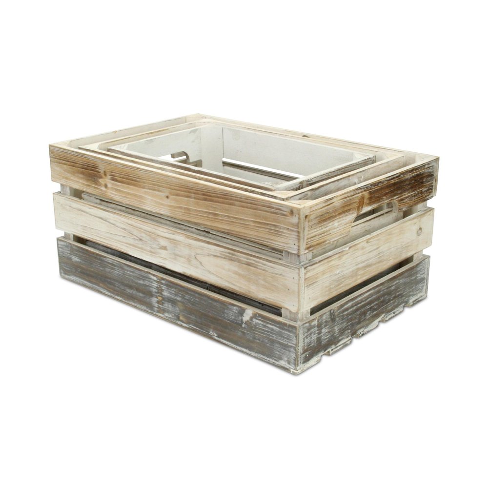 Set of Three Black Off White And Walnut Nesting Solid Wood Crate HomeRoots