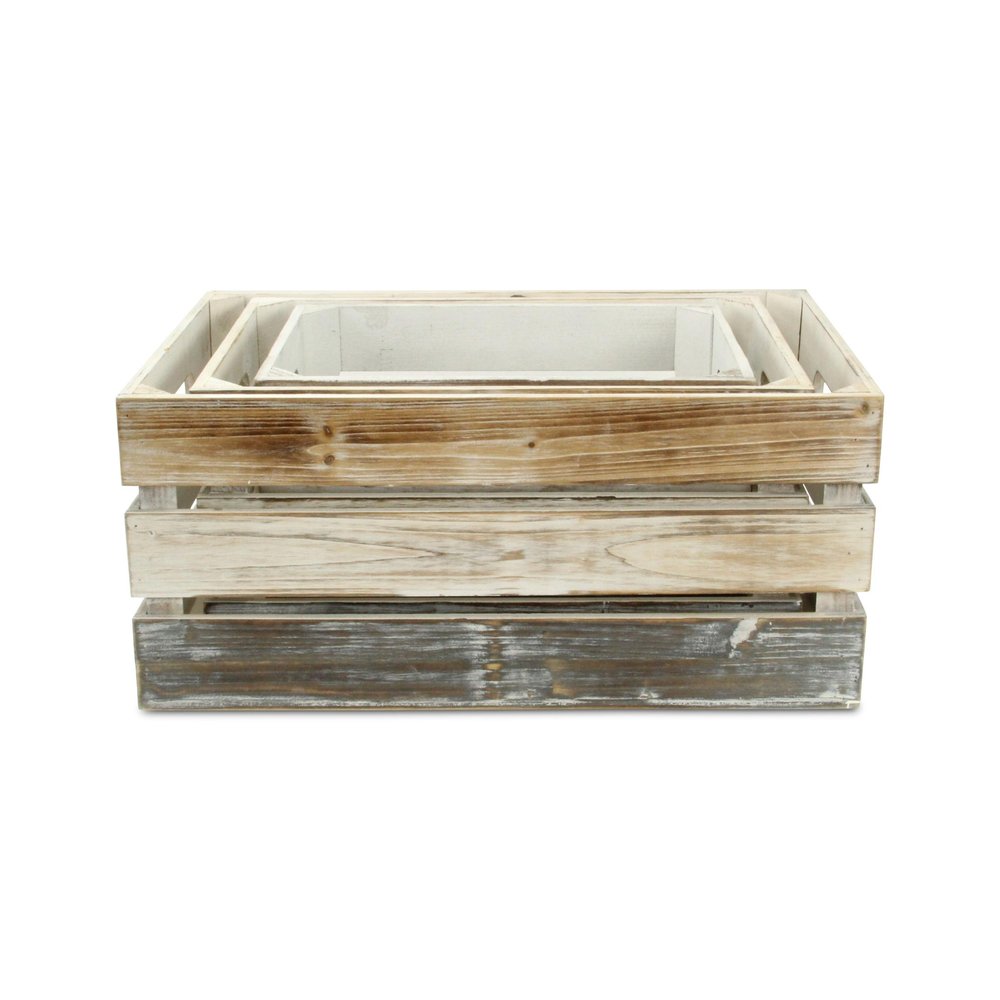 Set of Three Black Off White And Walnut Nesting Solid Wood Crate HomeRoots