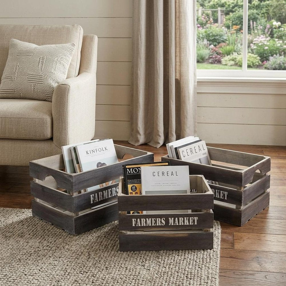 Set of Three Dark Brown Nesting Solid Wood Crate HomeRoots
