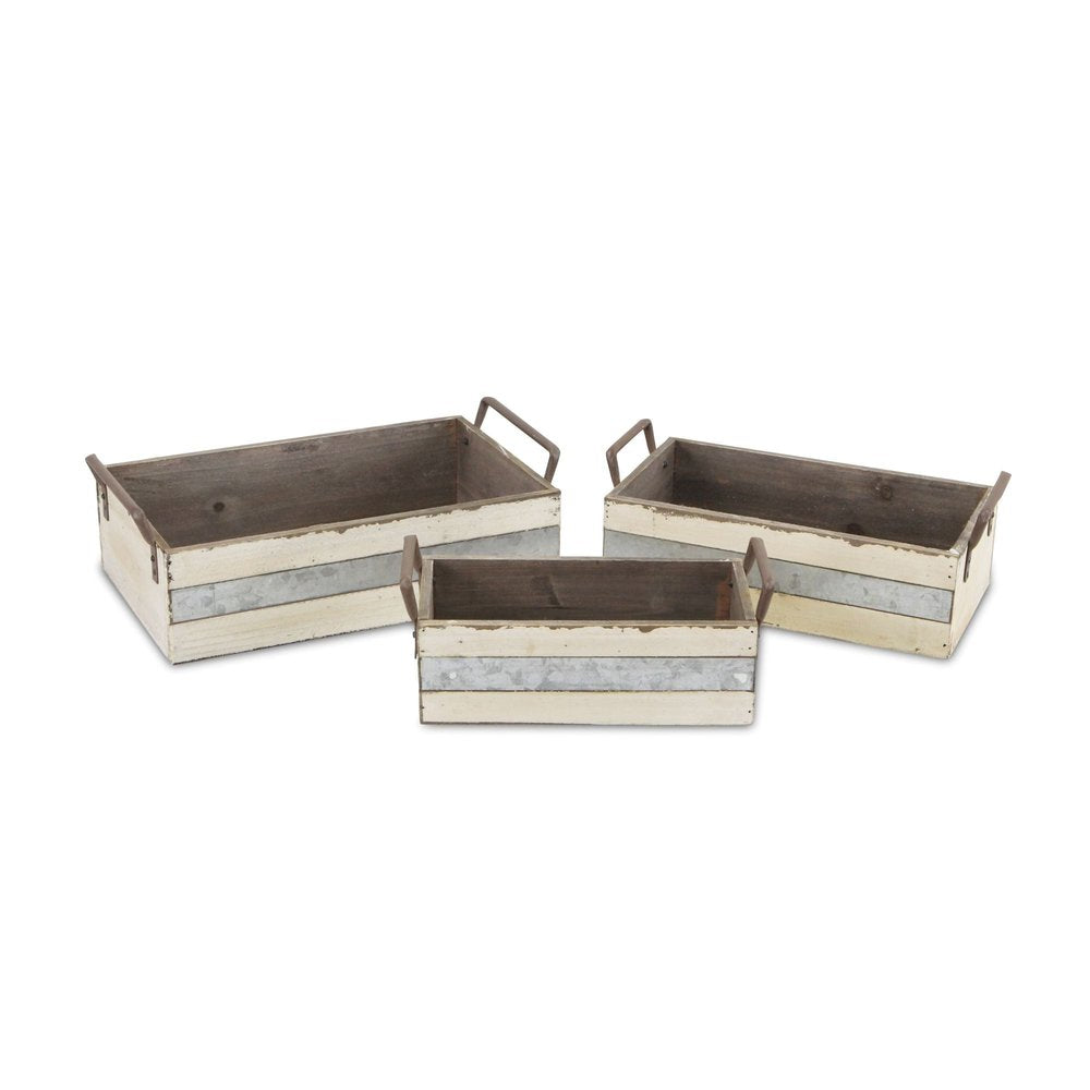 Set of Three Off White Nesting Solid Wood And Metal Crate HomeRoots