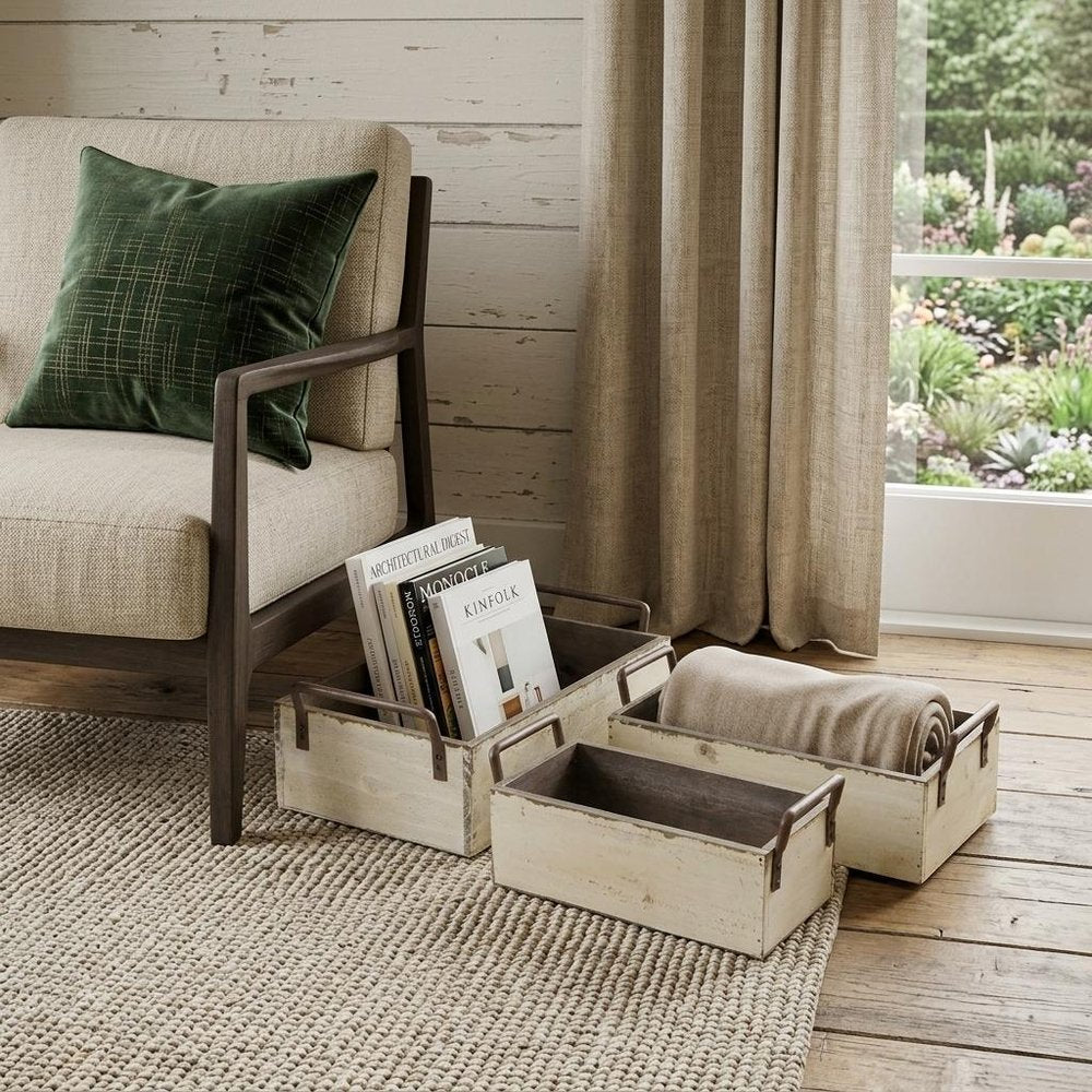 Set of Three Off White Nesting Solid Wood And Metal Crate HomeRoots