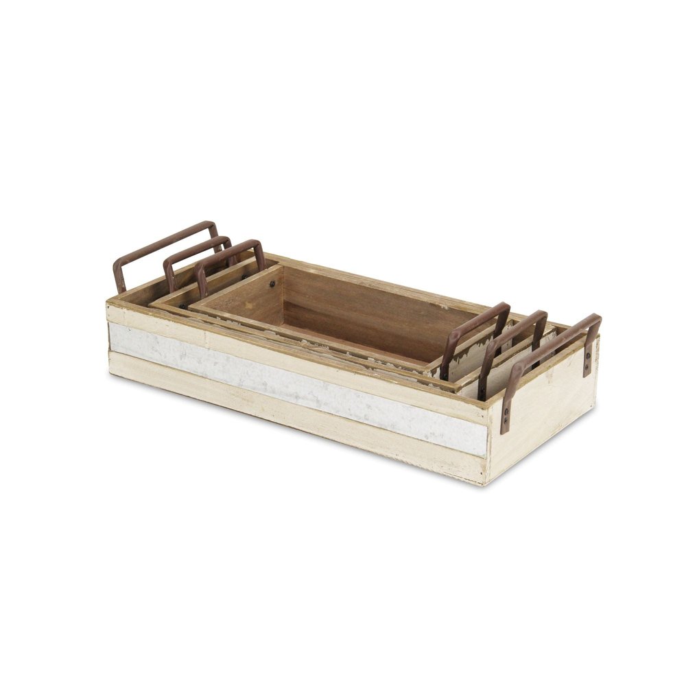 Set of Three White Nesting Solid Wood And Metal Crate HomeRoots
