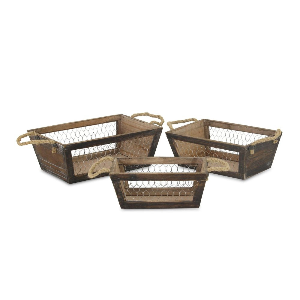 Set of Three Dark Brown Nesting Solid Wood And Metal Crate HomeRoots
