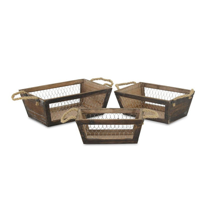 Set of Three Dark Brown Nesting Solid Wood And Metal Crate HomeRoots