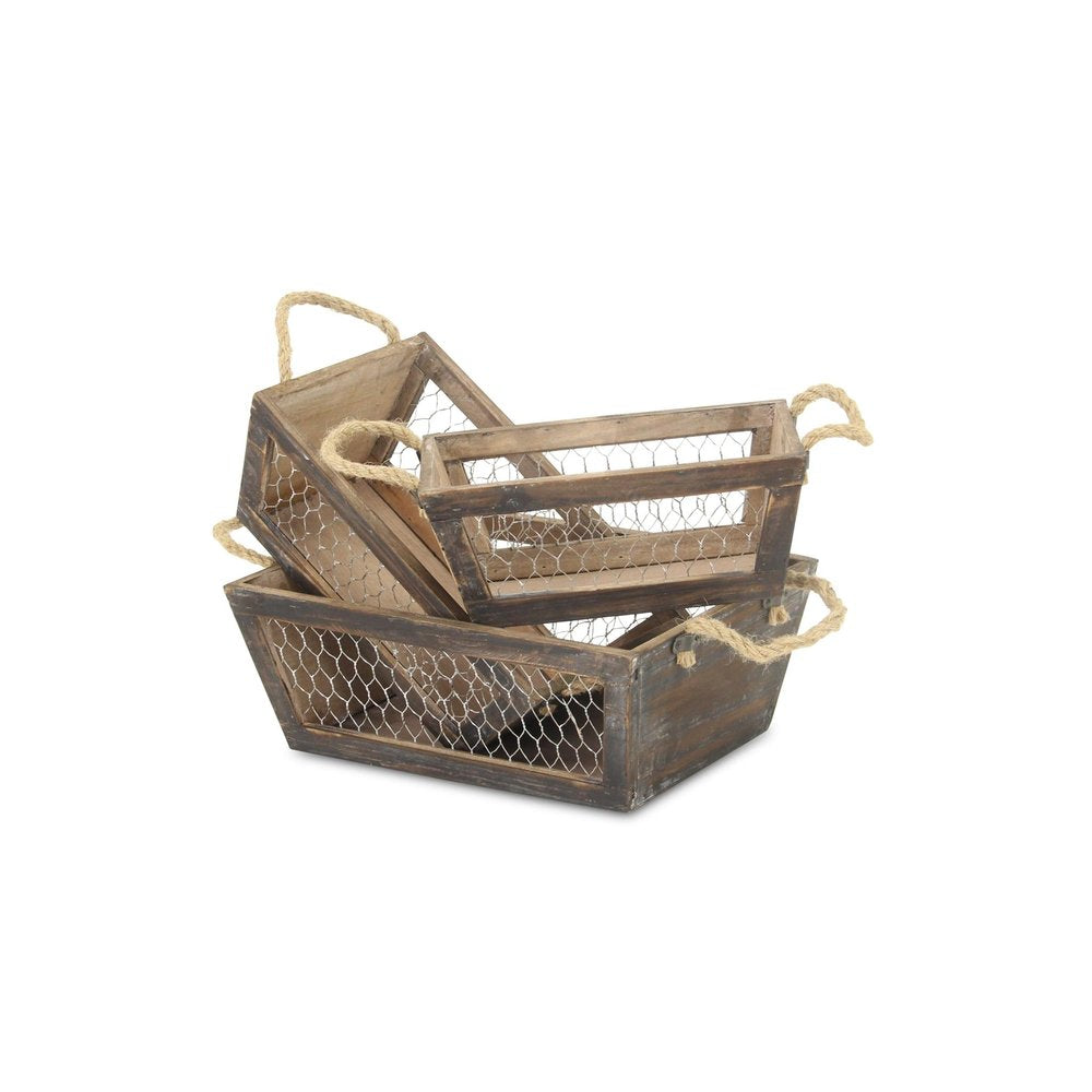 Set of Three Dark Brown Nesting Solid Wood And Metal Crate HomeRoots