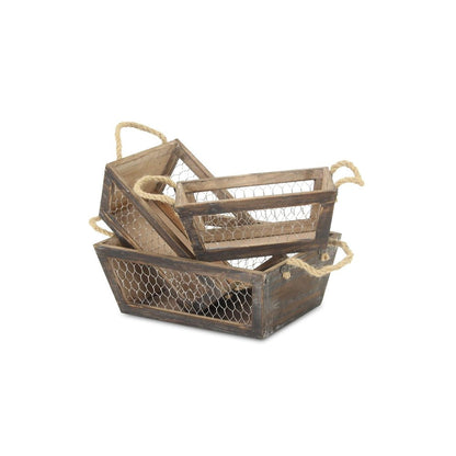 Set of Three Dark Brown Nesting Solid Wood And Metal Crate HomeRoots