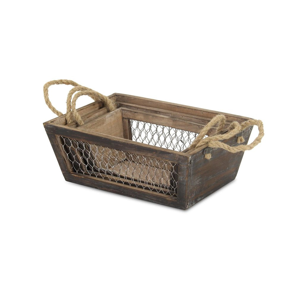 Set of Three Dark Brown Nesting Solid Wood And Metal Crate HomeRoots