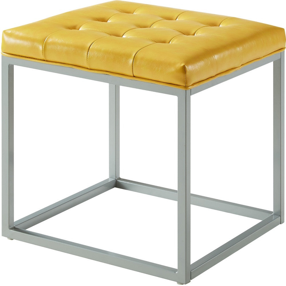 18" Yellow Faux Leather And Gray Cube Ottoman