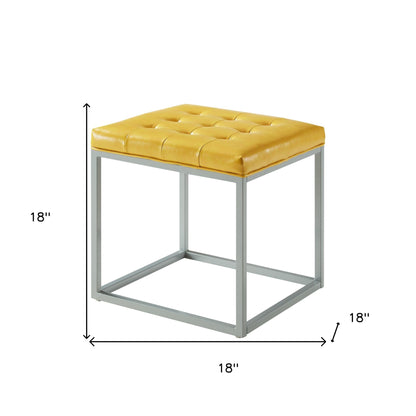 18" Yellow Faux Leather And Gray Cube Ottoman