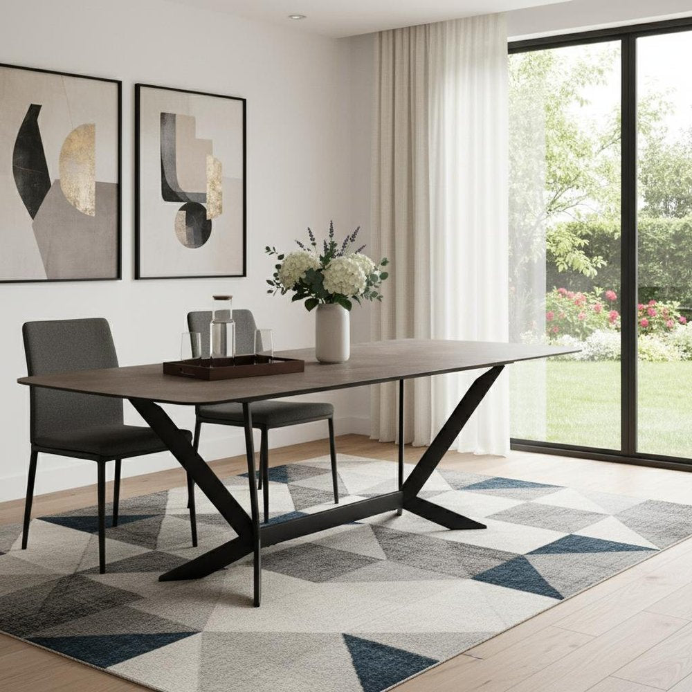 118" Gray And Black Ceramic And Metal Trestle Base Dining Table HomeRoots