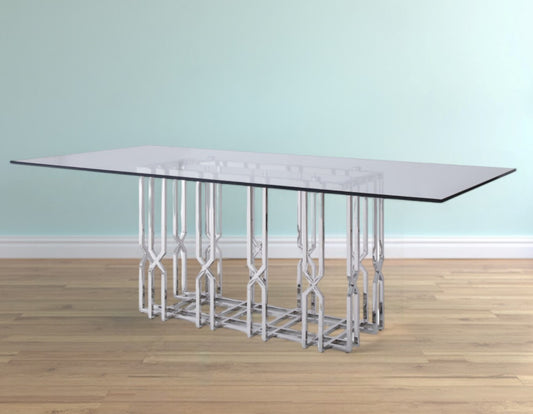 87" Clear And Silver Glass And Stainless Steel Pedestal Base Dining Table