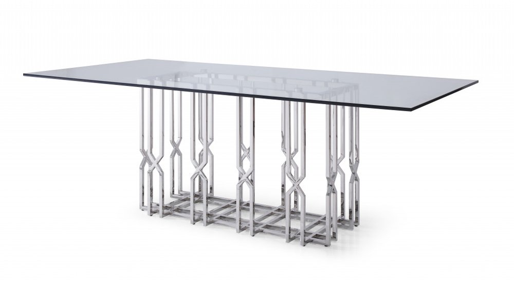 87" Clear And Silver Glass And Stainless Steel Pedestal Base Dining Table HomeRoots