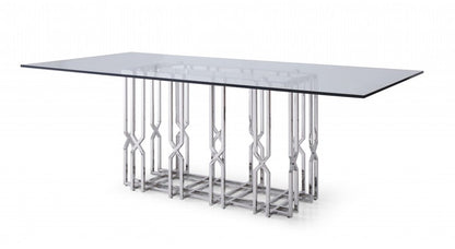 87" Clear And Silver Glass And Stainless Steel Pedestal Base Dining Table HomeRoots