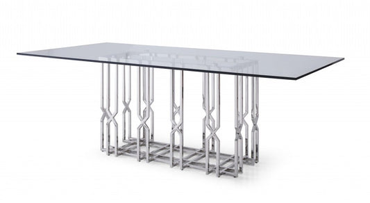 87" Clear And Silver Glass And Stainless Steel Pedestal Base Dining Table HomeRoots