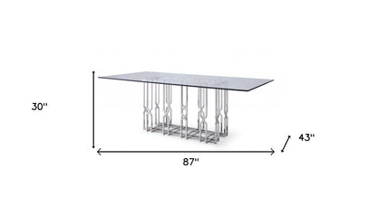 87" Clear And Silver Glass And Stainless Steel Pedestal Base Dining Table