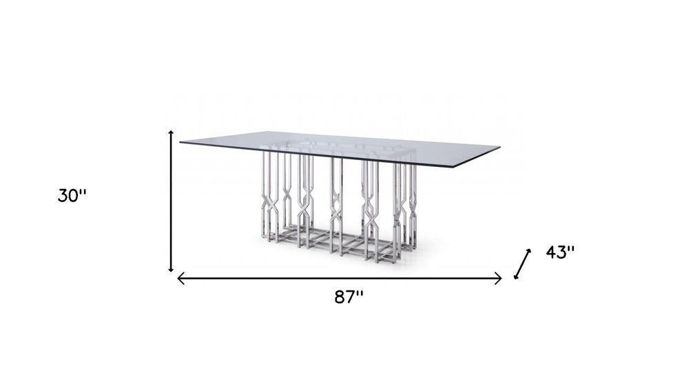 87" Clear And Silver Glass And Stainless Steel Pedestal Base Dining Table HomeRoots