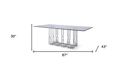 87" Clear And Silver Glass And Stainless Steel Pedestal Base Dining Table HomeRoots