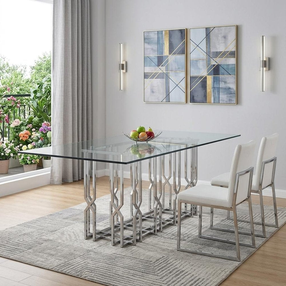 87" Clear And Silver Glass And Stainless Steel Pedestal Base Dining Table HomeRoots