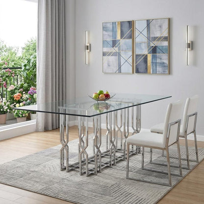 87" Clear And Silver Glass And Stainless Steel Pedestal Base Dining Table HomeRoots