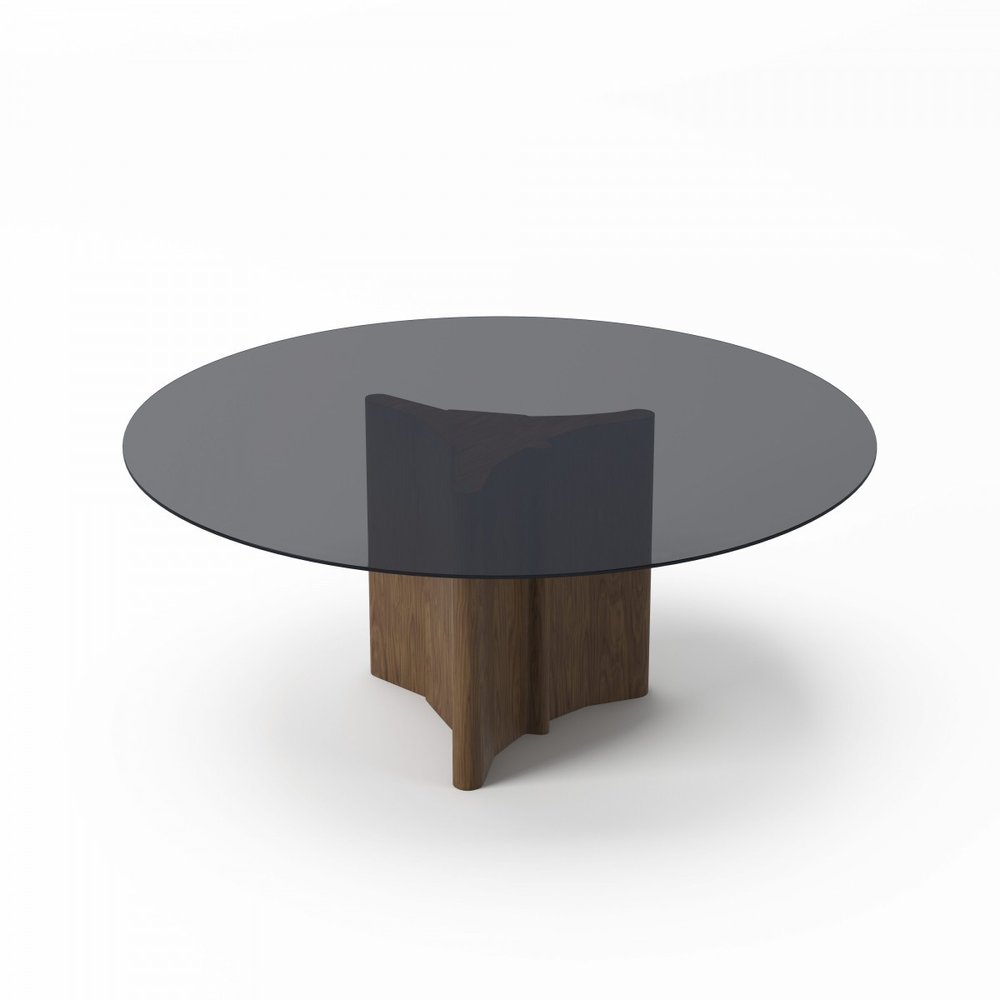 71" Smoky Black And Brown Rounded Glass And Solid Manufactured Wood Pedestal Base Dining Table — view 1