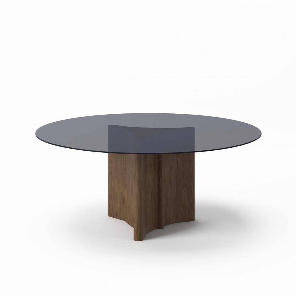 71" Smoky Black And Brown Rounded Glass And Solid Manufactured Wood Pedestal Base Dining Table — view 2