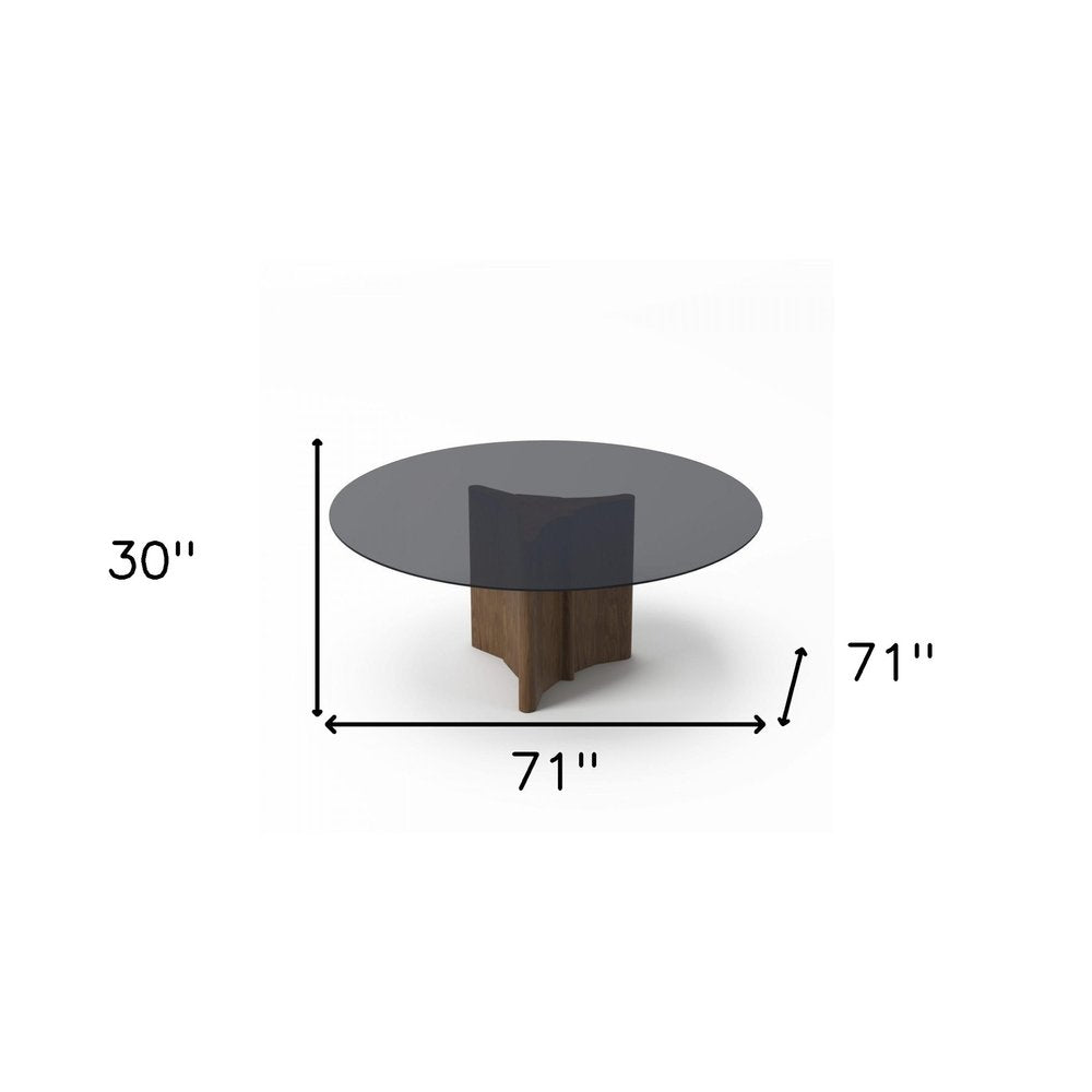 71" Smoky Black And Brown Rounded Glass And Solid Manufactured Wood Pedestal Base Dining Table — view 3
