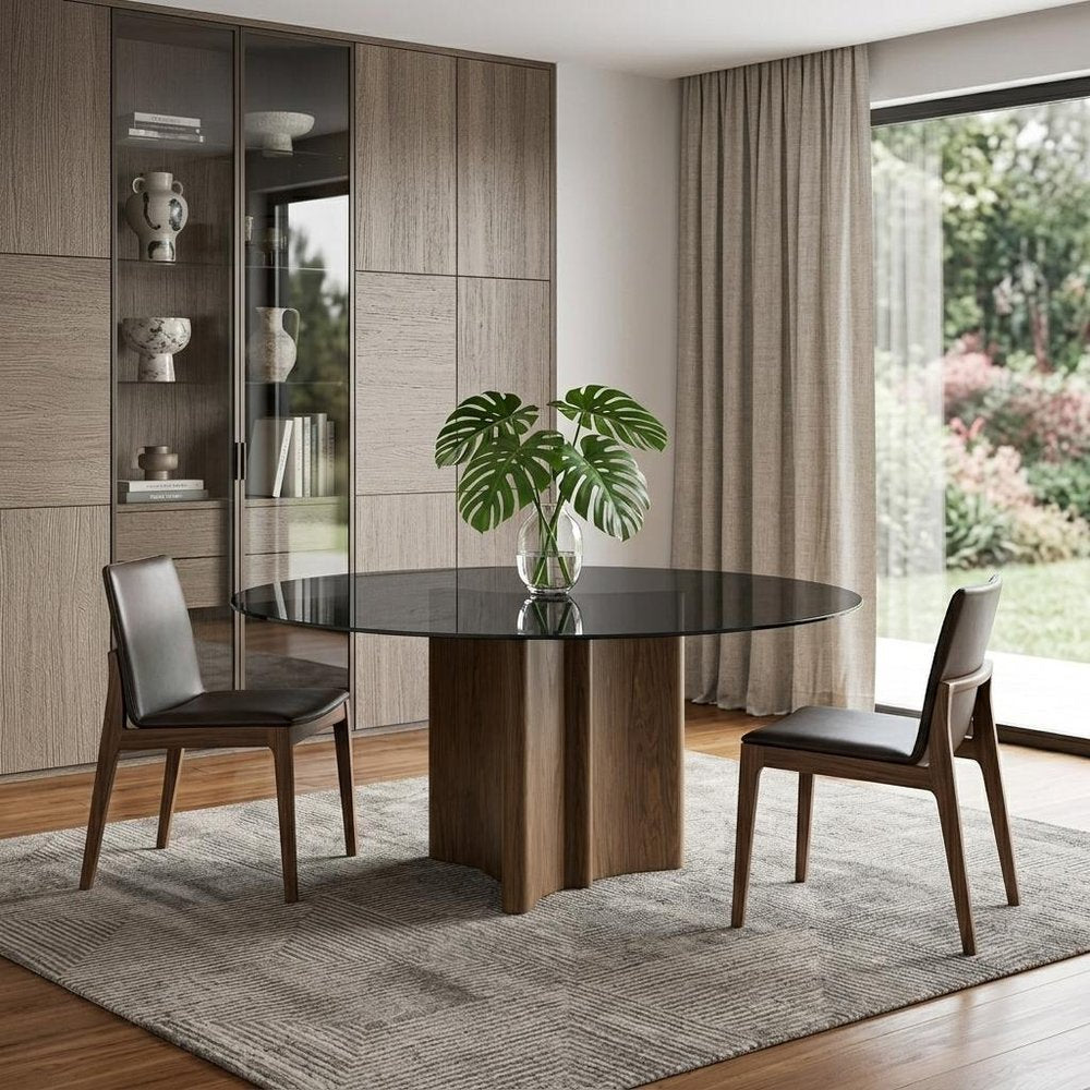 71" Smoky Black And Brown Rounded Glass And Solid Manufactured Wood Pedestal Base Dining Table — view 4