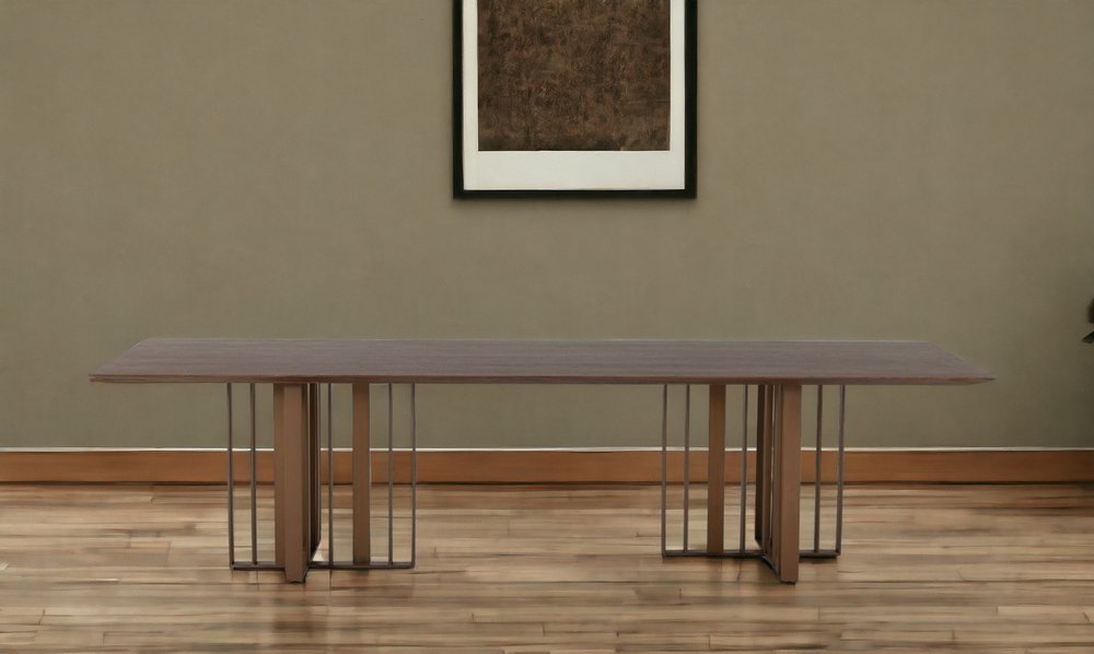 118" Brown And Brass Stainless Steel Double Pedestal Base Dining Table HomeRoots