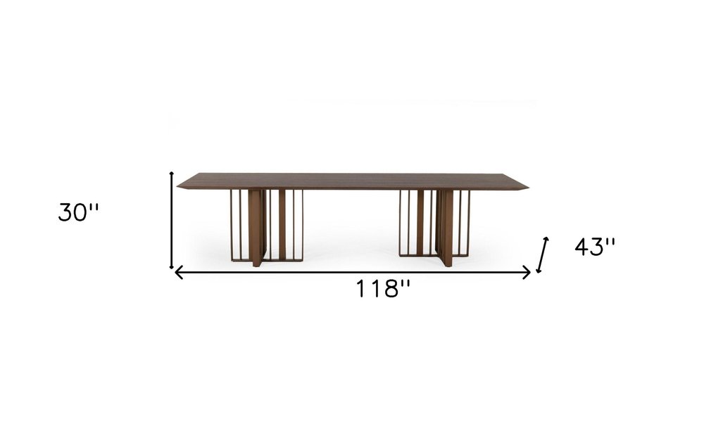 118" Brown And Brass Stainless Steel Double Pedestal Base Dining Table HomeRoots