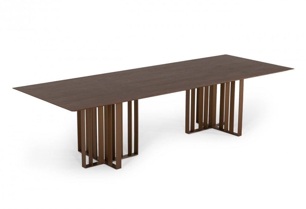 118" Brown And Brass Stainless Steel Double Pedestal Base Dining Table HomeRoots