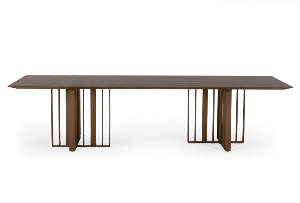 118" Brown And Brass Stainless Steel Double Pedestal Base Dining Table HomeRoots