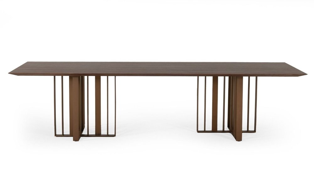 118" Brown And Brass Stainless Steel Double Pedestal Base Dining Table HomeRoots