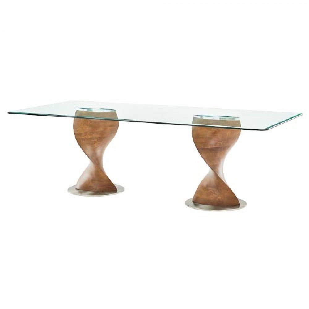 95" Clear And Brown Glass And Solid Wood Double Pedestal Base Dining Table — view 2