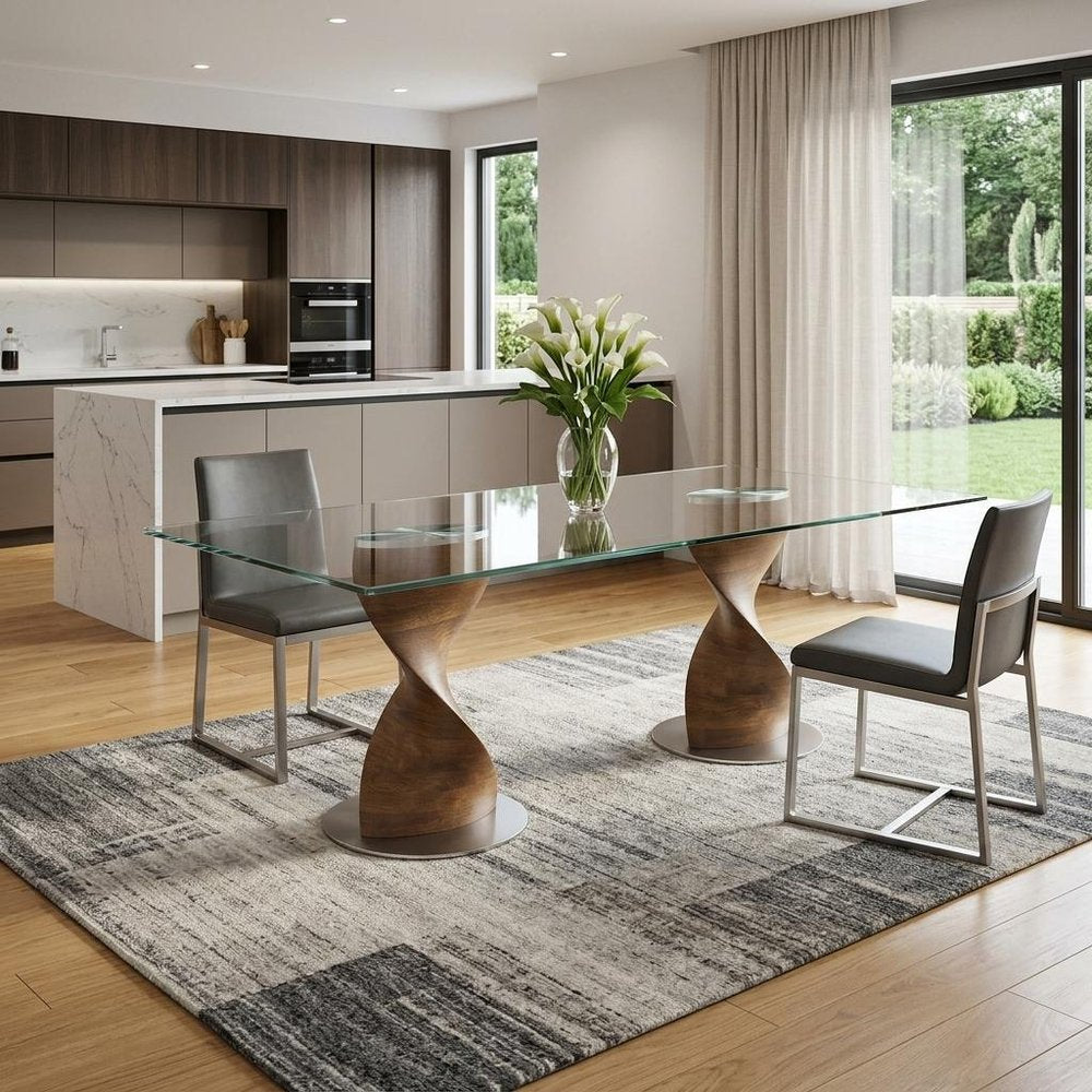 95" Clear And Brown Glass And Solid Wood Double Pedestal Base Dining Table — view 4