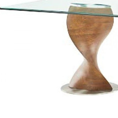 95" Clear And Brown Glass And Solid Wood Double Pedestal Base Dining Table HomeRoots