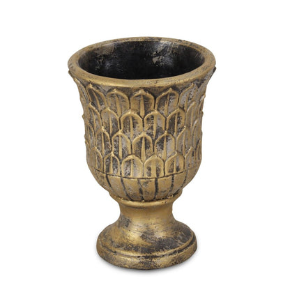 7" Antiqued Brass Textural Tone On Tone Cement Indoor Outdoor Round Urn Planter HomeRoots