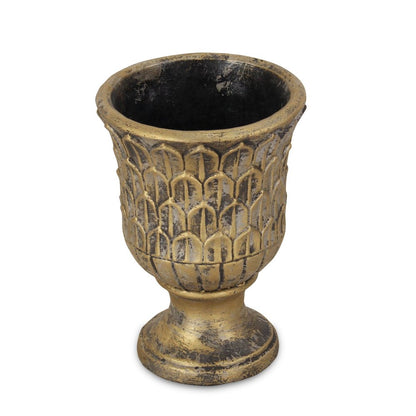 7" Antiqued Brass Textural Tone On Tone Cement Indoor Outdoor Round Urn Planter HomeRoots
