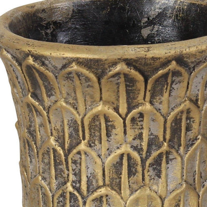 7" Antiqued Brass Textural Tone On Tone Cement Indoor Outdoor Round Urn Planter HomeRoots