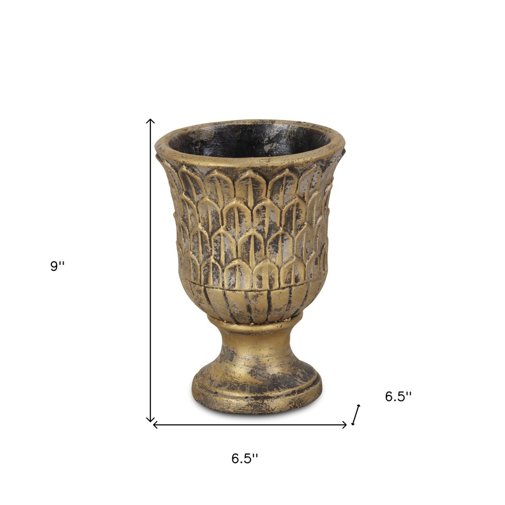 7" Antiqued Brass Textural Tone On Tone Cement Indoor Outdoor Round Urn Planter HomeRoots