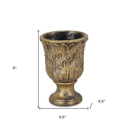 7" Antiqued Brass Textural Tone On Tone Cement Indoor Outdoor Round Urn Planter HomeRoots