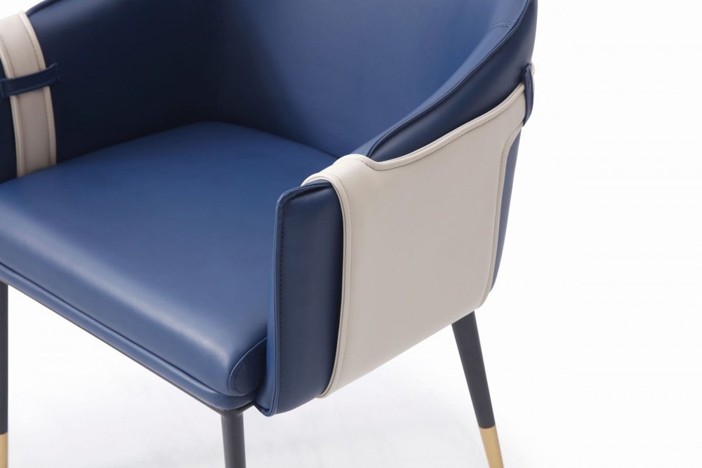 Blue Beige and Black Upholstered Faux Leather Dining Arm Chair HomeRoots