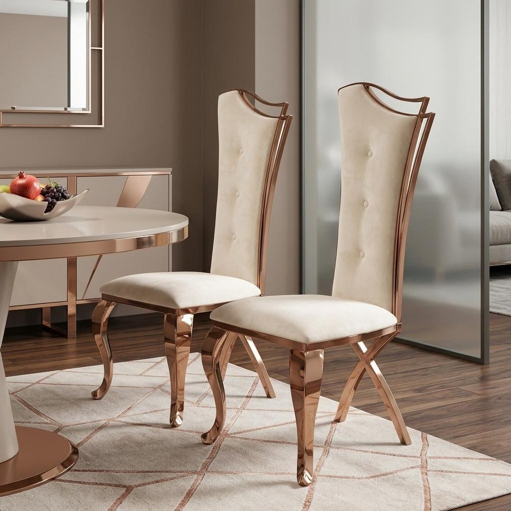 Set of Two Tufted Beige And Rose Gold Upholstered Velvet Dining Side Chairs HomeRoots