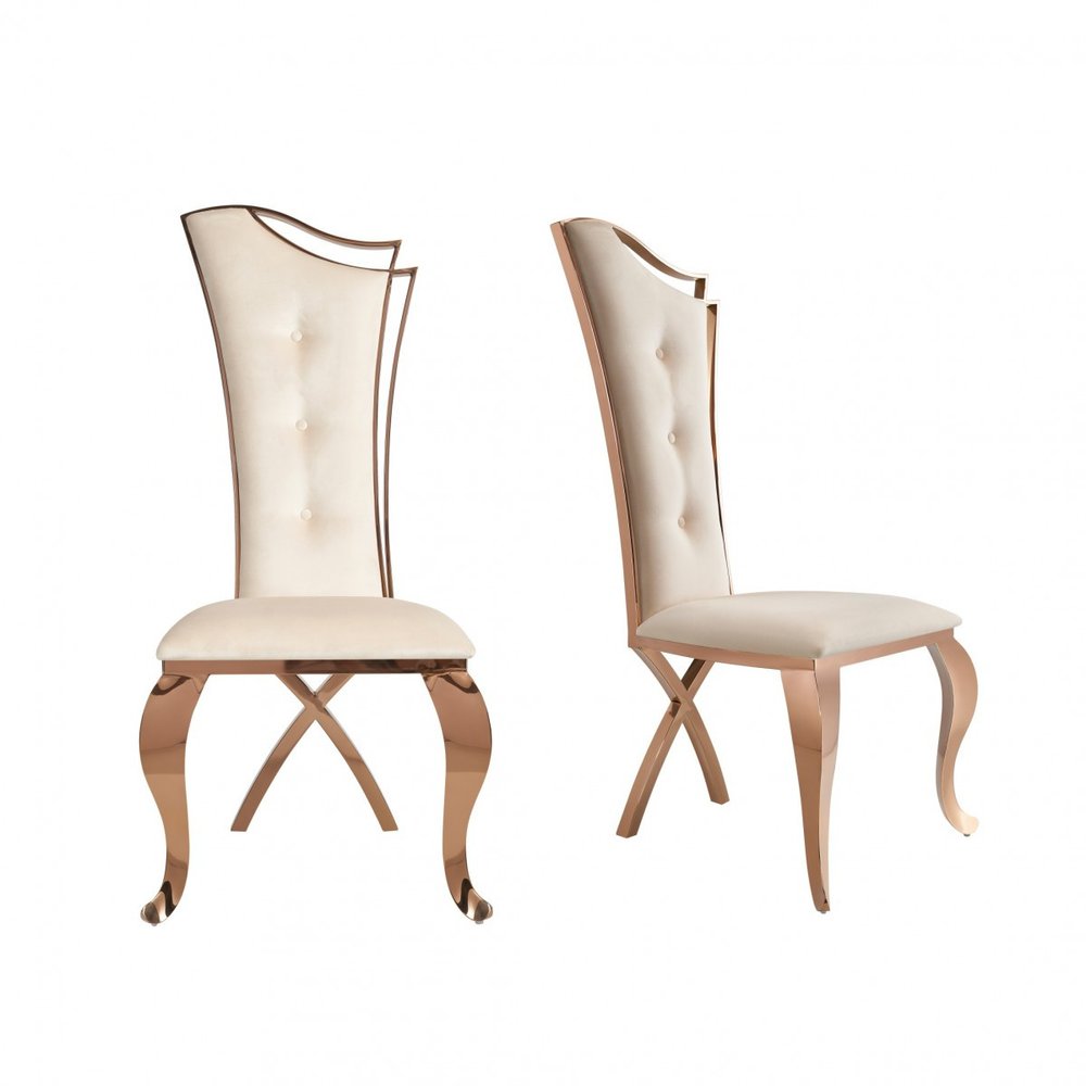 Set of Two Tufted Beige And Rose Gold Upholstered Velvet Dining Side Chairs HomeRoots