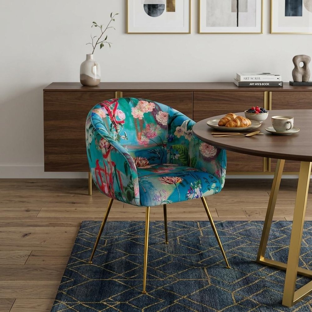 Blue Green And Gold Floral Velvet Dining Arm Chair HomeRoots