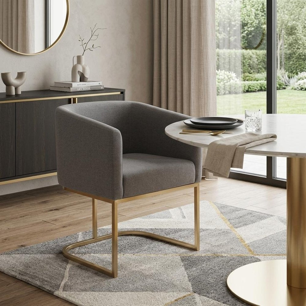 Dark Gray And Antiqued Brass Upholstered Fabric Dining Arm Chair HomeRoots